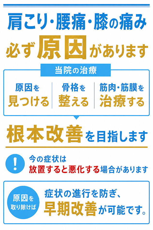 肩こりや腰痛、膝の痛みといった症状は必ず原因があり、その原因に対して、骨格を整える治療、筋肉及び筋膜の治療を行い根本的な問題を解決する接骨院です！！  今の症状は放置すると悪化する場合があります。