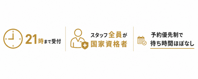21時まで受け付け　スタッフ全員が国家資格取得者　予約優先で待ち時間ほぼなし